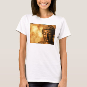 Camiseta Estátua de Bronze Buda com fundo de Ouro Bokeh