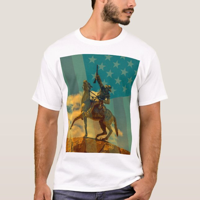 Camiseta estátua de Buffalo Bill Cody Cody, bandeira de Wyo (Frente)