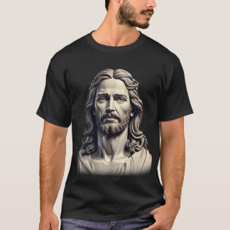Camiseta estátua de jesus com cabelos longos e barba