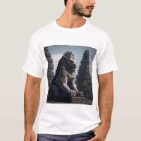 Estátua de Leão com Templo de Prambanan em segundo