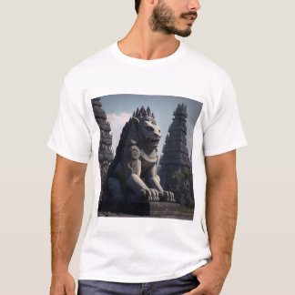 Camiseta Estátua de Leão com Templo de Prambanan em segundo