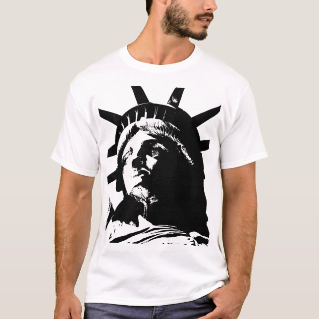 Camiseta Estátua de Pop de Arte Negra e Branca da Liberdade (Frente)