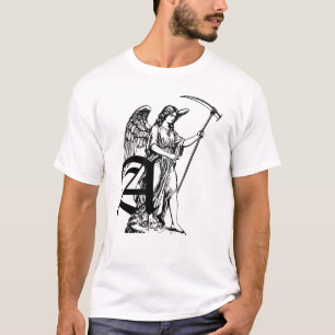 Camiseta estátua de um anjo alado segurando uma foice