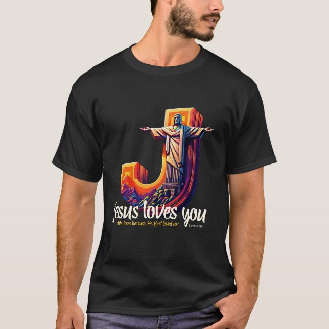 Camiseta estátua do Cristo Redentor em pé dentro de um J (Frente)