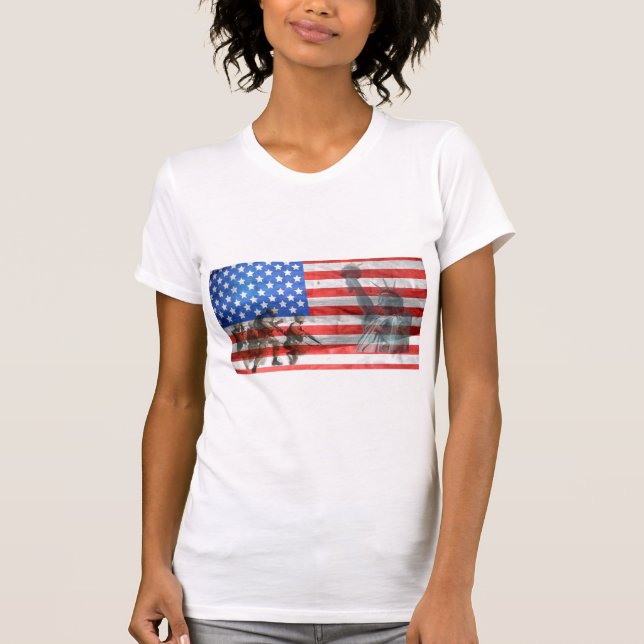 Camiseta Estátua Patriótica de Bandeira Americana da Liberd (Frente)