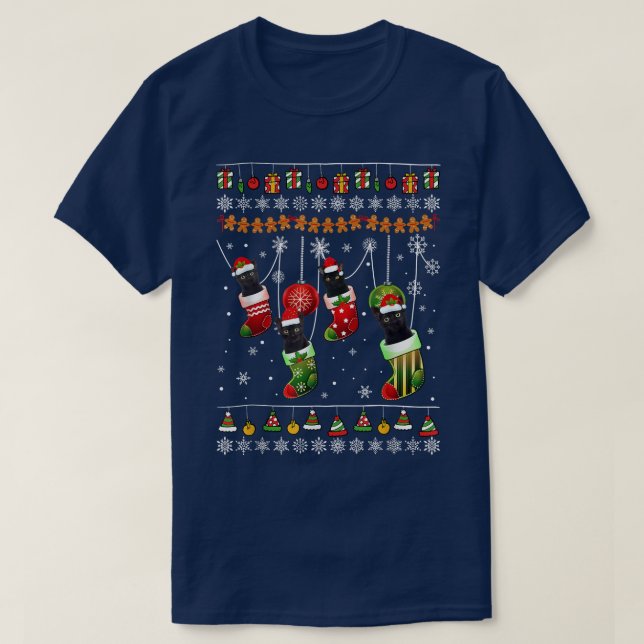 Camiseta Este Natal É Um Gato Preto Do Pajama Em Meias Engr (Frente do Design)