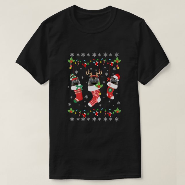 Camiseta Este Natal, Gato Preto Do Pajama, Em Meias (Frente do Design)
