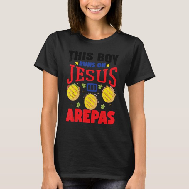 Camiseta Este Rapaz Funciona Com Jesus E Arepas Crianças Co (Frente)