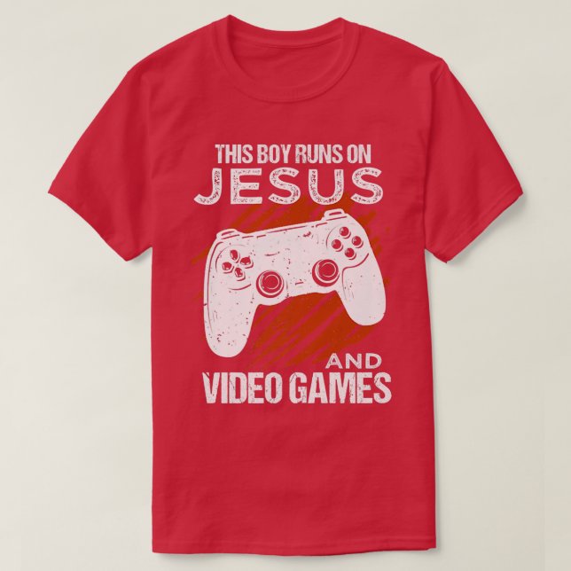 Camiseta Este Rapaz Funciona Com Jesus e Videos games Crist (Frente do Design)