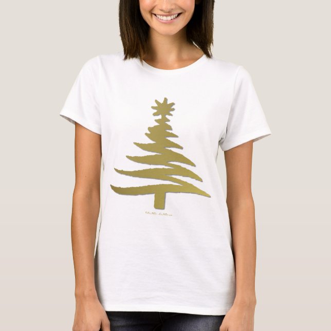 Camiseta Estêncil de Árvore de Natal Dourado (Frente)