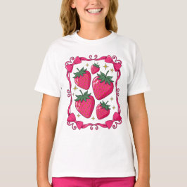 Camiseta Estética Coquete de Morango Arco Rosa Design Fofo