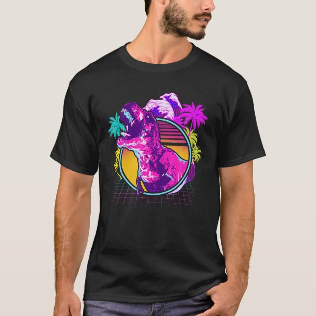 Camiseta Estética Da Onda Vaporwada De Dinossauro Retroativ (Frente)