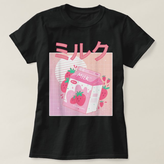 Camiseta Estética de Leite de Morango Kawaii (Frente do Design)