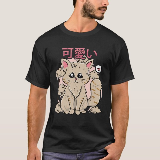 Camiseta Estética Japonesa - Gato de Animação Kawaii Cute - (Frente)