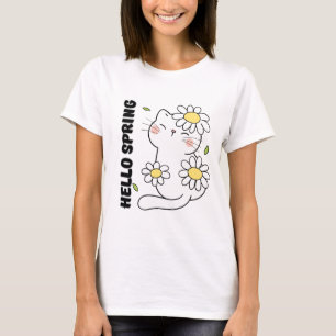 Camiseta Estética Minimalista Olá Primavera Gato & Margarid