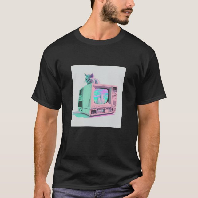 Camiseta Estética Vaperwave Gato Glitch Retrowave Synthwave (Frente)