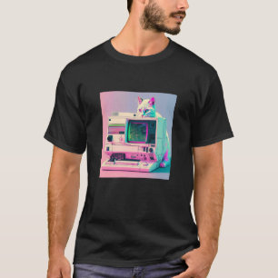 Camiseta Estética Vaperwave Gato Glitch Retrowave Synthwave