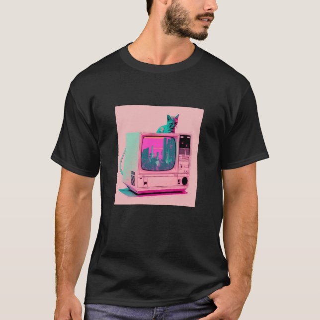 Camiseta Estética Vaperwave Gato Glitch Retrowave Synthwave (Frente)