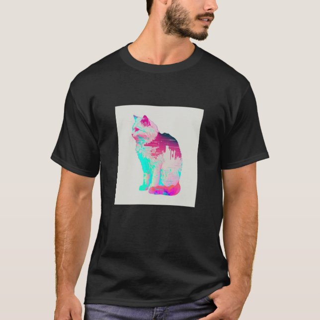 Camiseta Estética Vaperwave Gato Glitch Retrowave Synthwave (Frente)