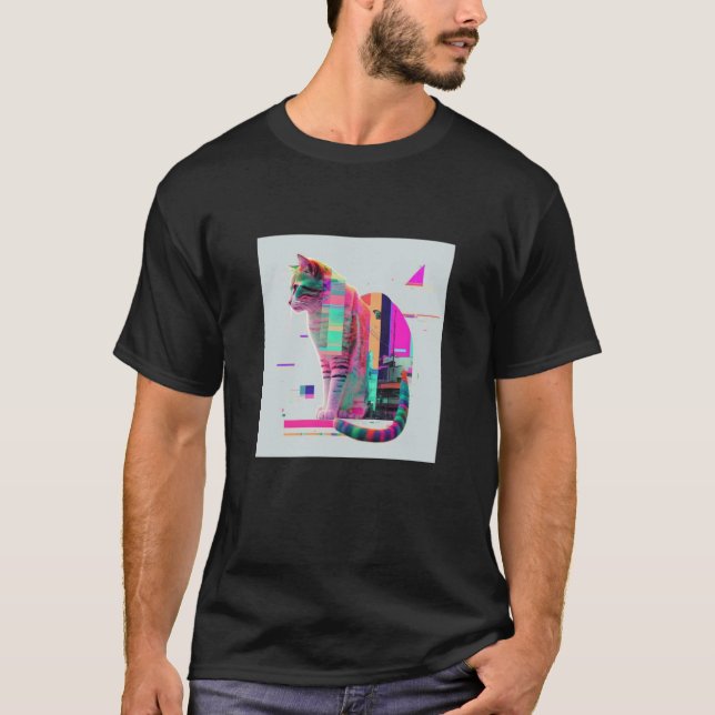 Camiseta Estética Vaperwave Gato Glitch Retrowave Synthwave (Frente)