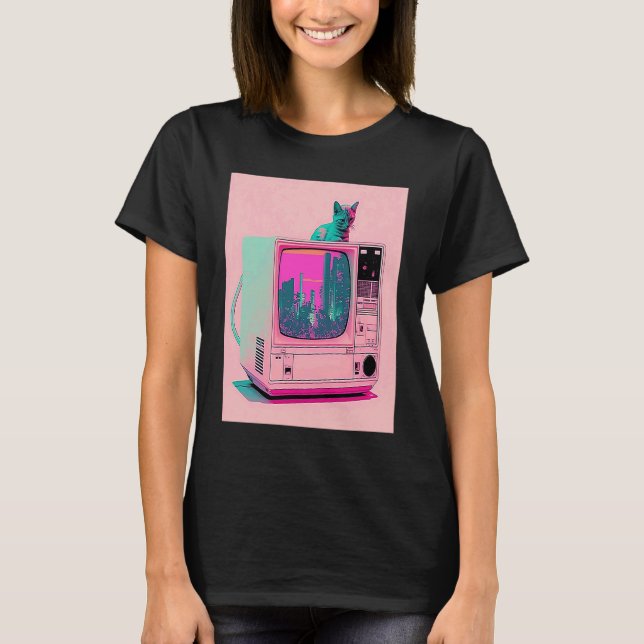 Camiseta Estética Vaperwave Glitch Cat Retrowave Synthwave (Frente)