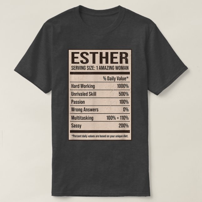 Camiseta Esther Nutrição Fatos Nome Alias Do Apelido Título (Frente do Design)