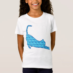 Camiseta Esticando a Silhueta Gato em um Padrão Azul de Lo
