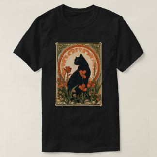 Camiseta Estilo Alphonse Mucha Arte Nova Gato Preto