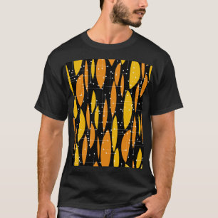 Camiseta Estilo atômico, padrão geométrico laranja preto.