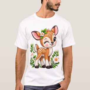 Camiseta Estilo Bordado Floral Fawn Kawaii Fofa