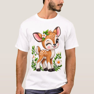 Camiseta Estilo Bordado Floral Fawn Kawaii Fofa 