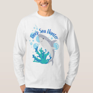 Camiseta estilo cartoon de tubarão de caça ao mar profundo
