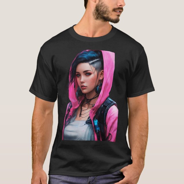 Camiseta Estilo de Animação da Mulher Cyberpunk (Frente)