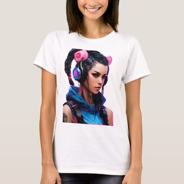 Camiseta Estilo de Animação da Mulher Cyberpunk (Frente)