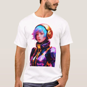 Camiseta Estilo de Animação da Mulher no Spacesuit
