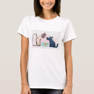 Camiseta Estilo de Animação Divertido Gato, Cão e Peixe-Sol