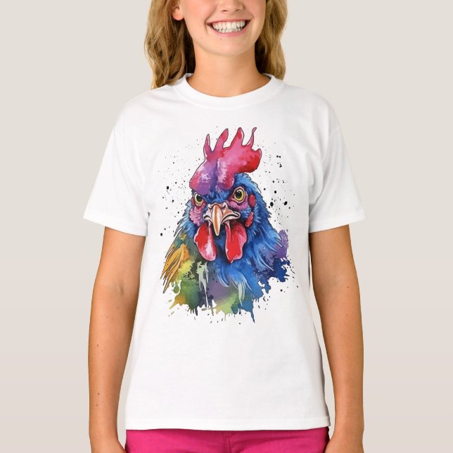 Camiseta Estilo de Aquarela de Galinha do País Rooster (Frente)