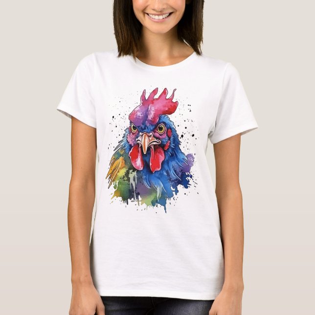 Camiseta Estilo de Aquarela de Galinha do País Rooster (Frente)