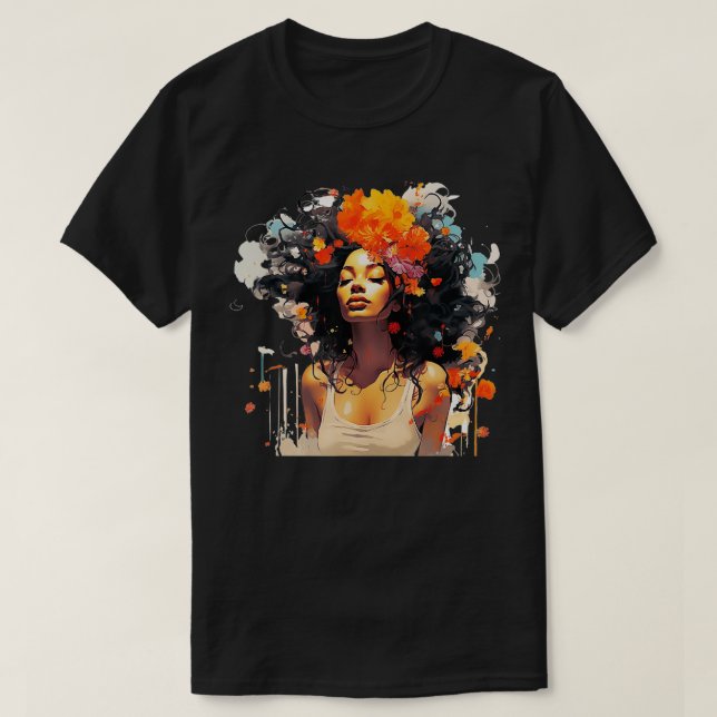 Camiseta Estilo de Arte de Melanina Preto e Curva (Frente do Design)