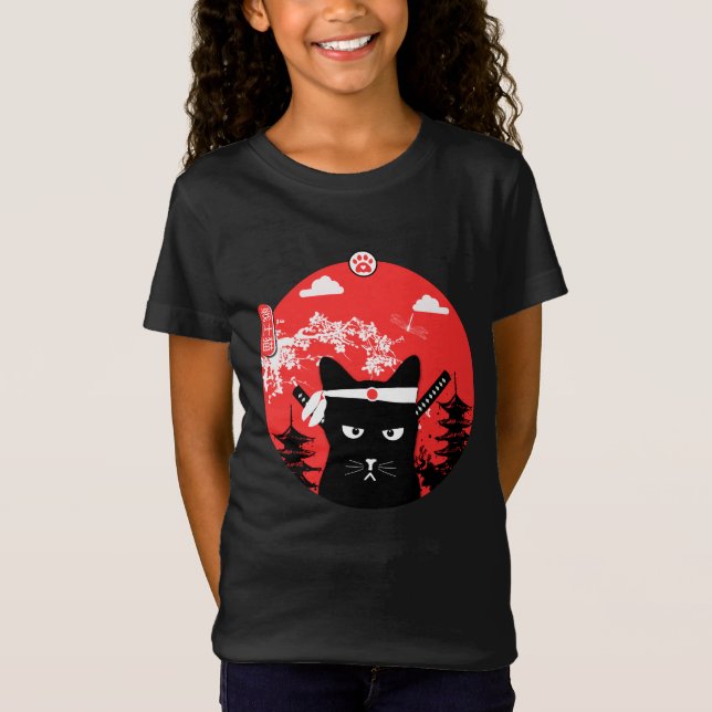 Camiseta Estilo de Arte Ninja de Design de Gato Japonês Vin (Frente)