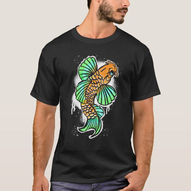 Camiseta Estilo De Grafite legal Japonês Peixe Koi Para Tod (Frente)