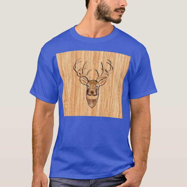 Camiseta Estilo de Grãos de Madeira da Cabeça de Buck Deer (Frente)