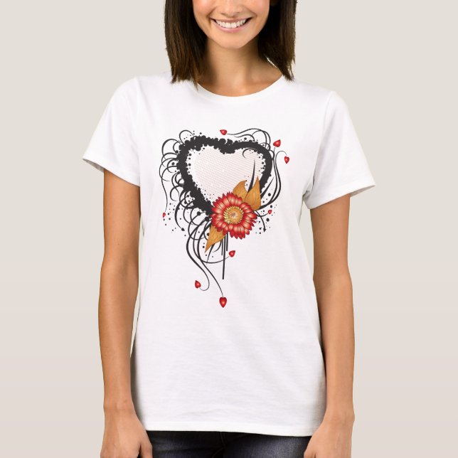 Camiseta Estilo de Grunge Preto Coração e Flor (Frente)