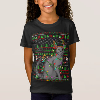 Camiseta Estilo de Sweater Feio Xmas Iluminando Gato Azul R