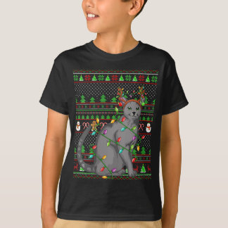 Camiseta Estilo de Sweater Feio Xmas Iluminando Gato Azul R