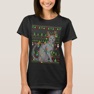 Camiseta Estilo de Sweater Feio Xmas Iluminando Gato Azul R