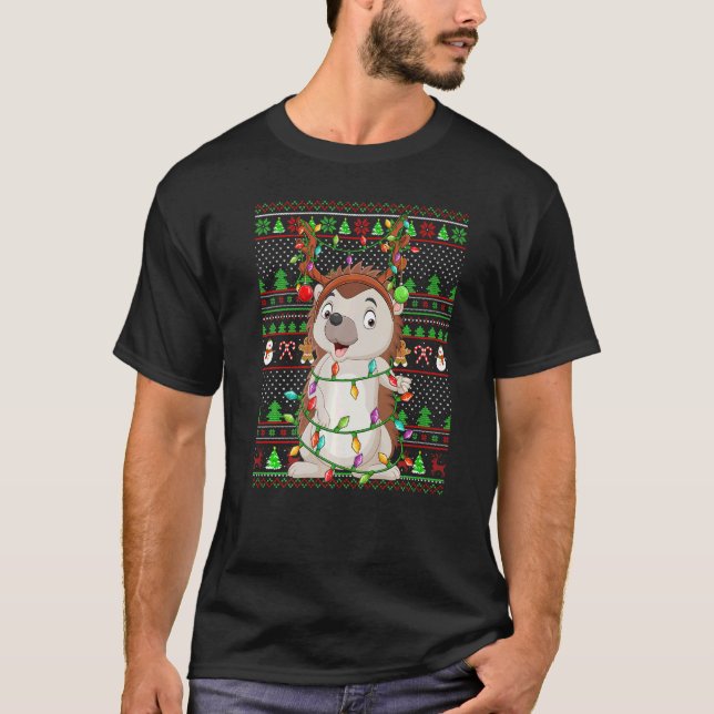 Camiseta Estilo de Sweater Feio Xmas Iluminando Hedgehog Ch (Frente)