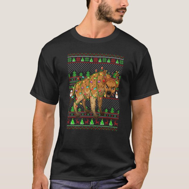 Camiseta Estilo de Sweater Feio Xmas Iluminando Hyena Natal (Frente)
