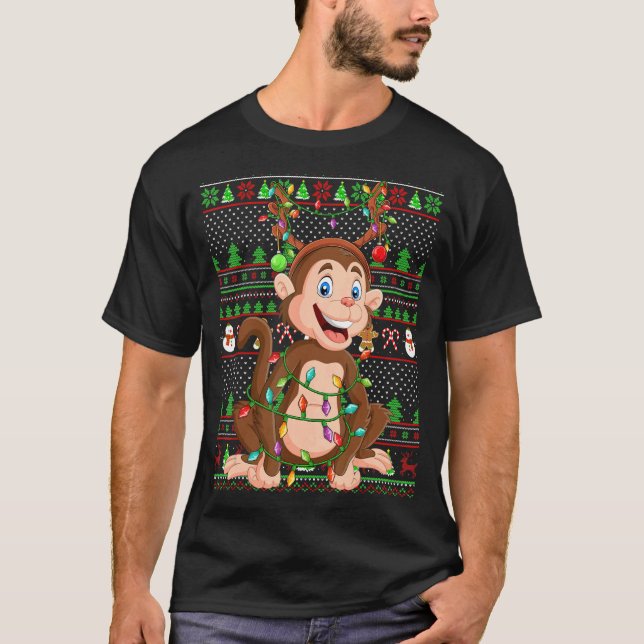 Camiseta Estilo de Sweater Feio Xmas Iluminando Macaco Nata (Frente)