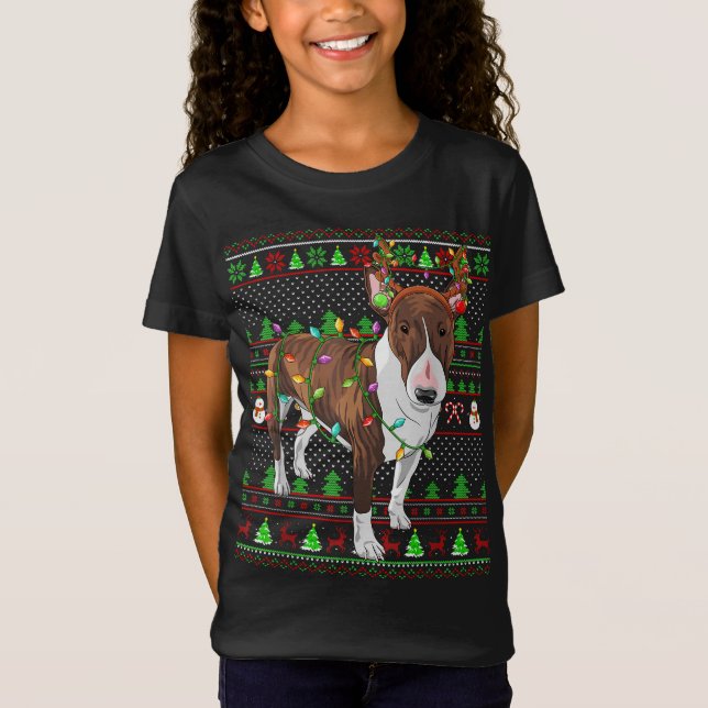 Camiseta Estilo de Sweater Feio Xmas Luzes Bull Terrier Ch (Frente)